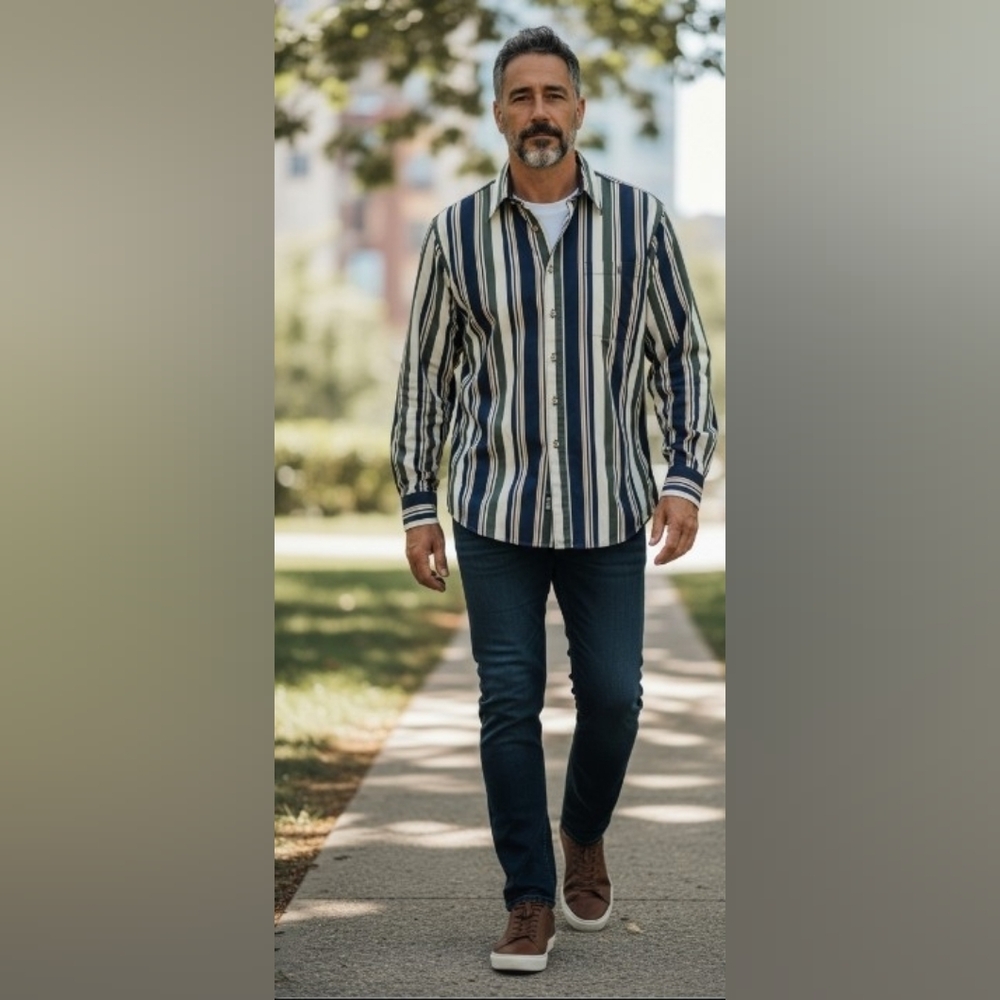 Trader Bay Navy and White Striped Button-Down Shirt